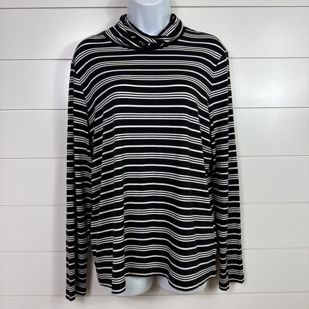 Talbots Striped Thermawarmth Turtleneck Tee Shirt Black White sz L